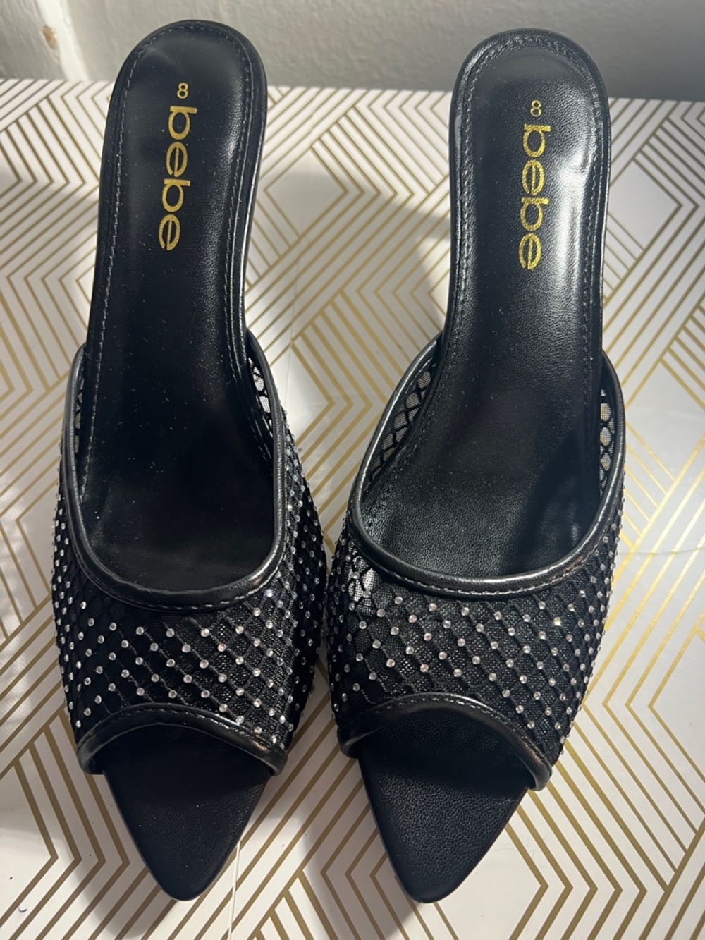 bebe Black Rhinestone Mesh Pointed-Toe Slide Mules
